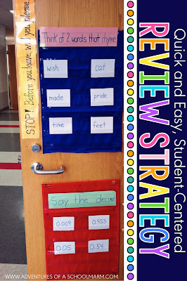 Spiral review is a great way to keep students' skills sharp. I love this idea for using pocket charts on the door for a quick review of concepts when lining up to leave the classroom. Super easy and versatile! http://www.adventuresofaschoolmarm.com/2012/04/before-you-leave-will-you-please.html